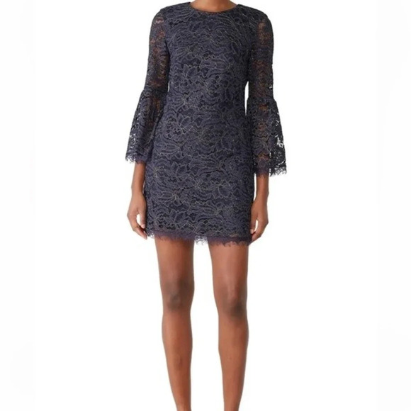 Dress the Population Paige Bell Sleeve Dress Navy Metallic Floral Lace Large - Picture 3 of 14